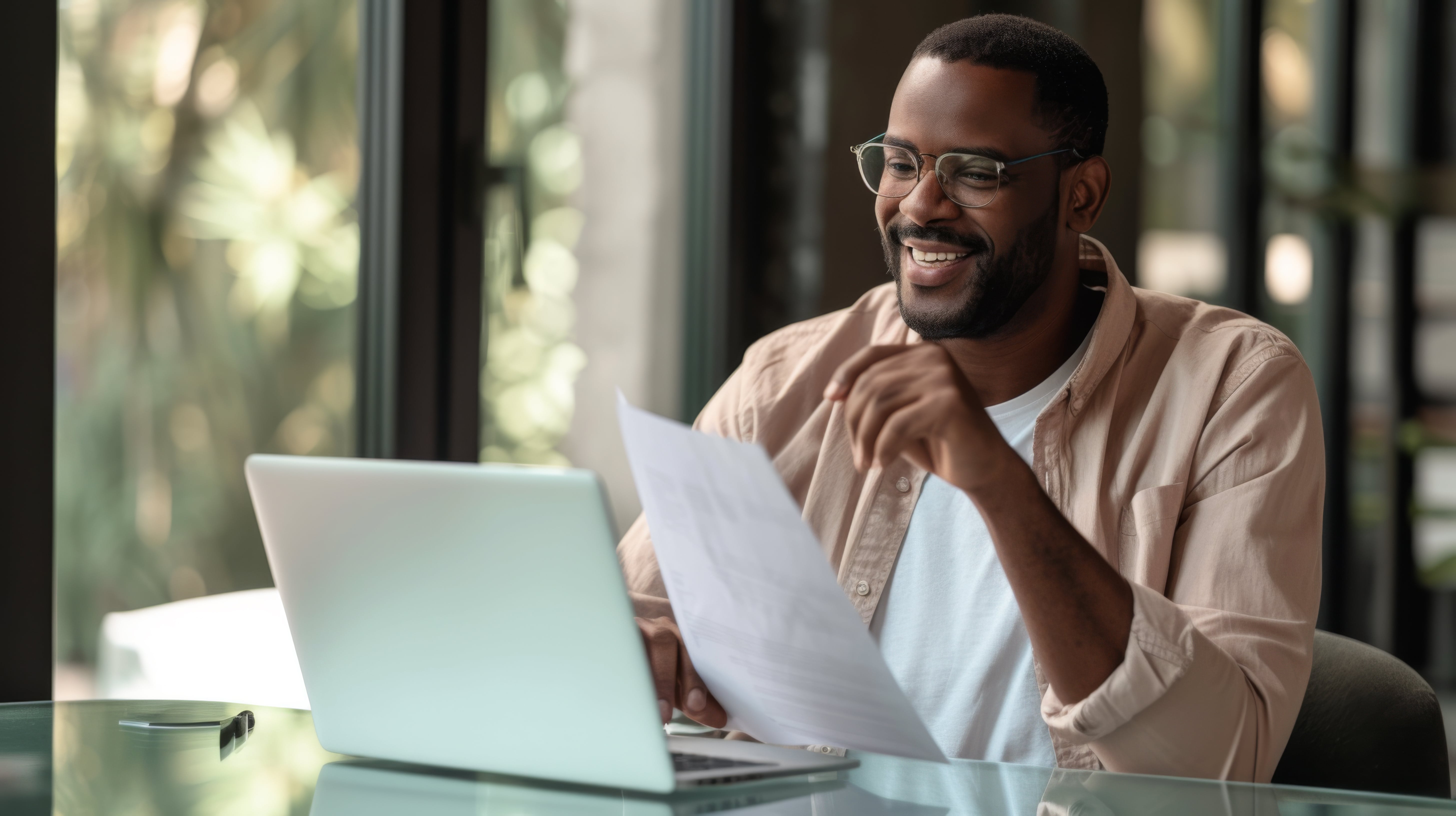 homem negro sorrindo para um computador enquanto manuseia papeis.