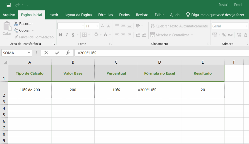 Como calcular porcentagem no Excel de forma simples: planilha mostrando fórmula =200*10% com resultado 20.