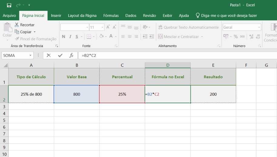 Como calcular porcentagem no Excel usando células: planilha mostrando fórmula =B2*C2 para calcular 25% de 800 com resultado 200.