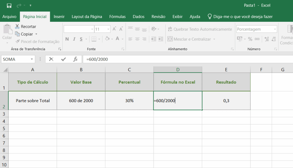 Como calcular porcentagem no Excel entre dois valores: planilha exibindo fórmula =600/2000 com resultado 0,3 equivalente a 30%.