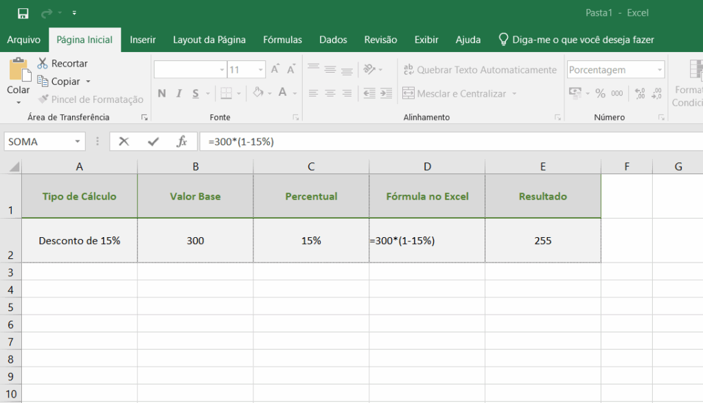 Como calcular porcentagem no Excel para desconto percentual: planilha mostrando fórmula =300*(1-15%) com resultado 255.