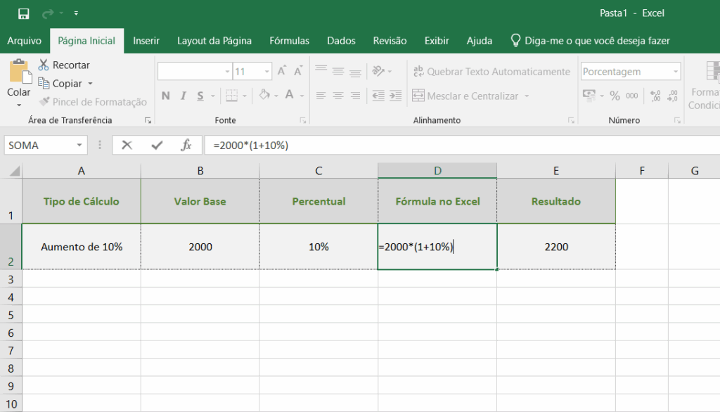 Como calcular porcentagem no Excel para aumento percentual: planilha exibindo fórmula =2000*(1+10%) com resultado 2200.