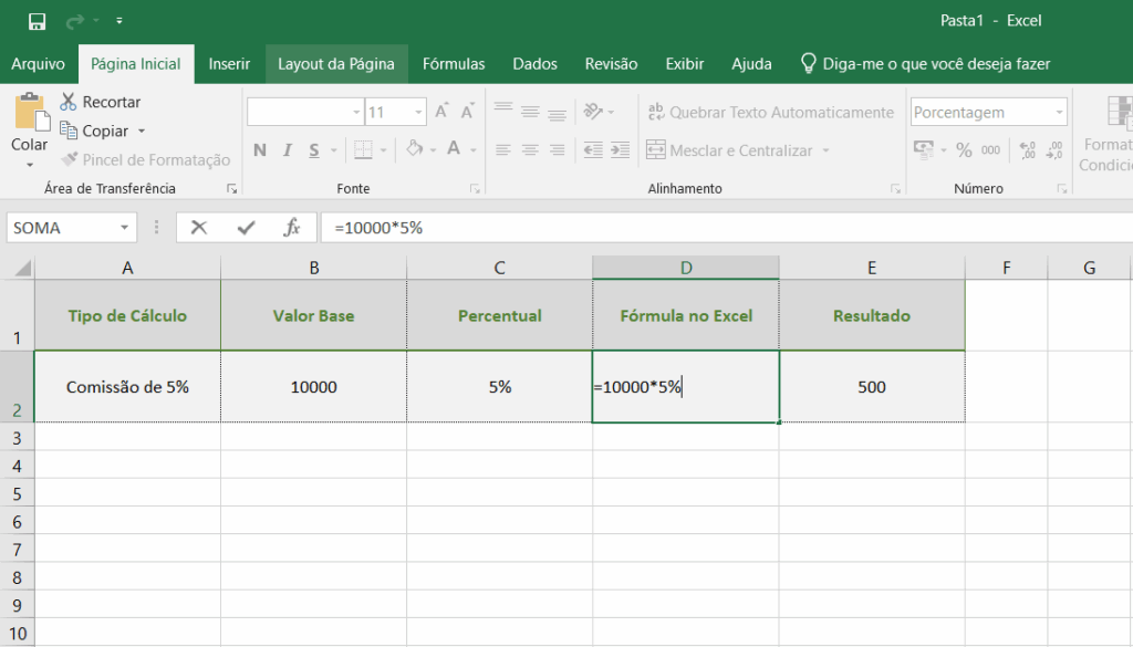 Como calcular porcentagem no Excel para comissão de vendas: planilha mostrando fórmula =10000*5% com resultado 500.