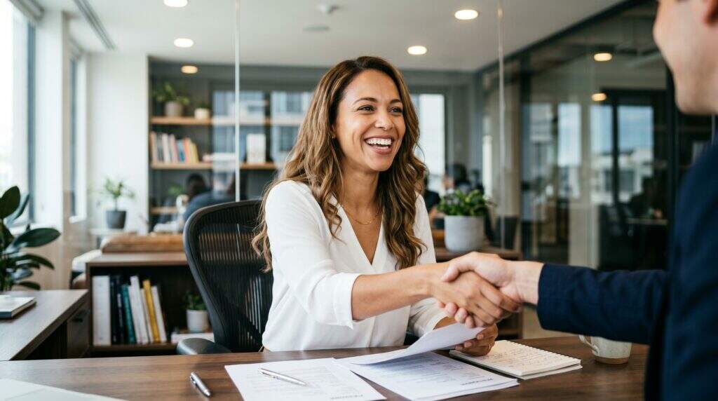 Recrutadora cumprimentando um candidato após uma entrevista de emprego, representando um retorno positivo no processo seletivo.