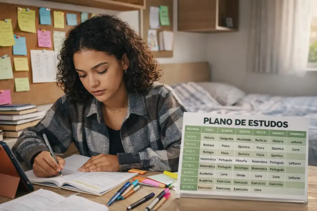 Jovem parda estudando e organizando seu plano de estudos para o ENEM em um quarto bem iluminado.