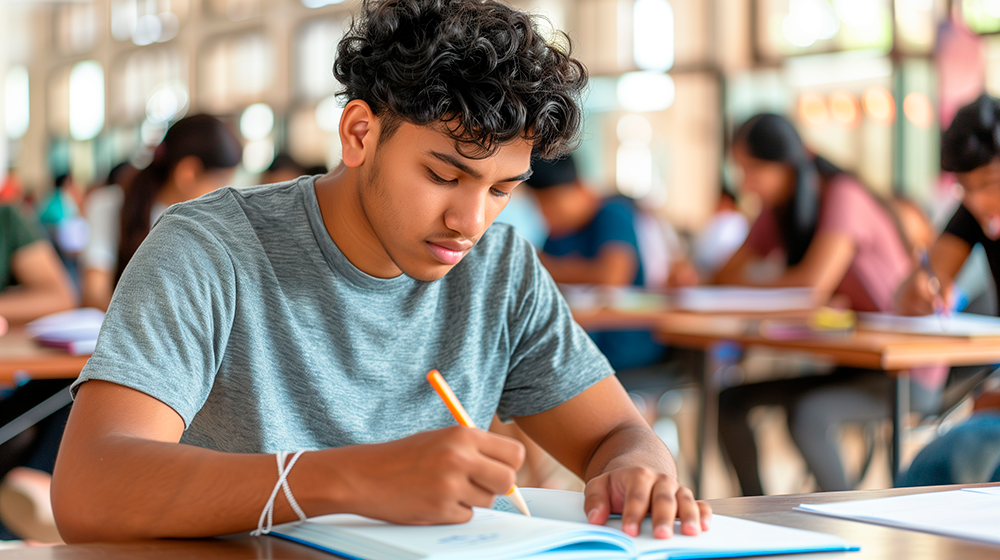 Estudante concentrado fazendo prova em sala de aula, rodeado por colegas durante exame ou atividade escolar.