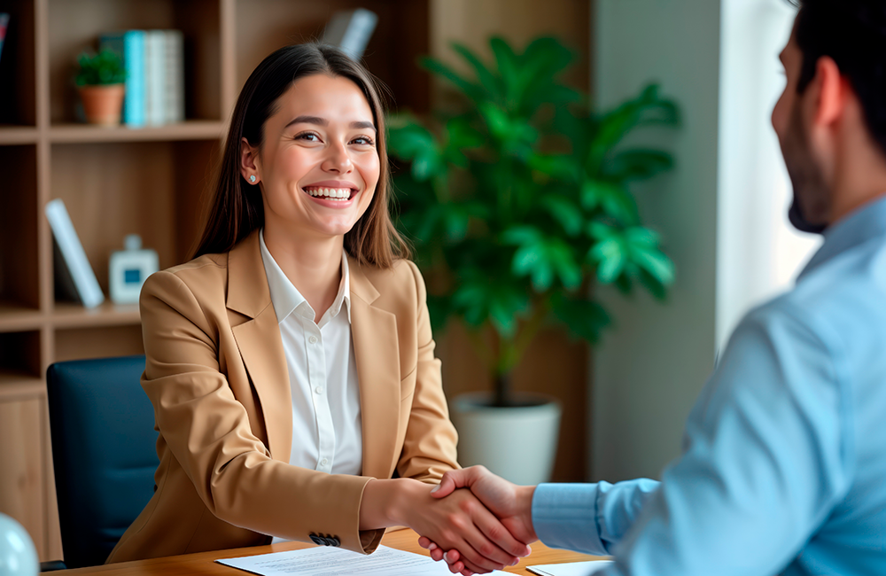 Mulher de negócios sorridente cumprimenta homem em ambiente de escritório, simbolizando sucesso profissional e networking.