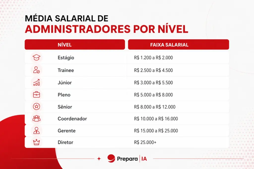 Tabela de média salarial de diferentes níveis de cargos de administradores mostrando salários de estagiário a diretor, com destaque para cargos de gestão. Administração salário.