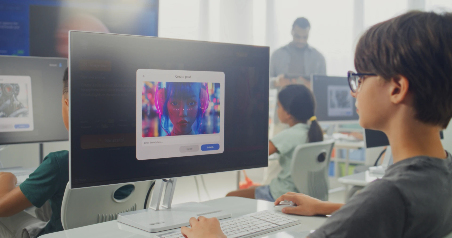 Menino usando inteligência artificial nos estudos em sala de aula moderna, com computador, aprendizado tecnológico