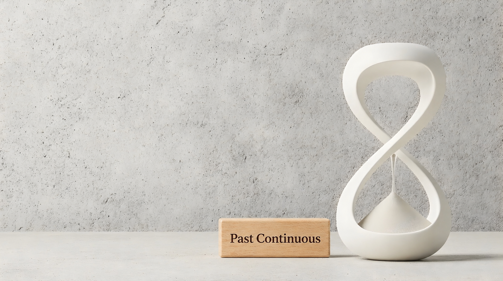 Imagem com ampulheta decorativa e bloco de madeira escrito “Past Continuous”, representando o uso do past continuous em inglês para ações contínuas no passado.