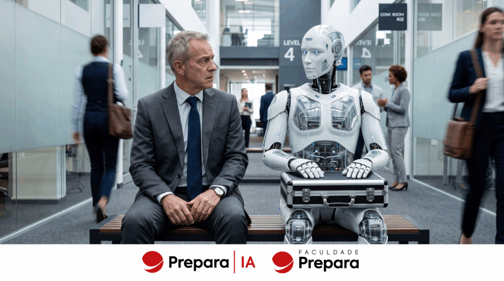 Homem e robô sentados lado a lado em ambiente corporativo — a IA vai substituir os humanos no trabalho ou os dois podem coexistir? Entenda o que realmente muda com a Prepara IA