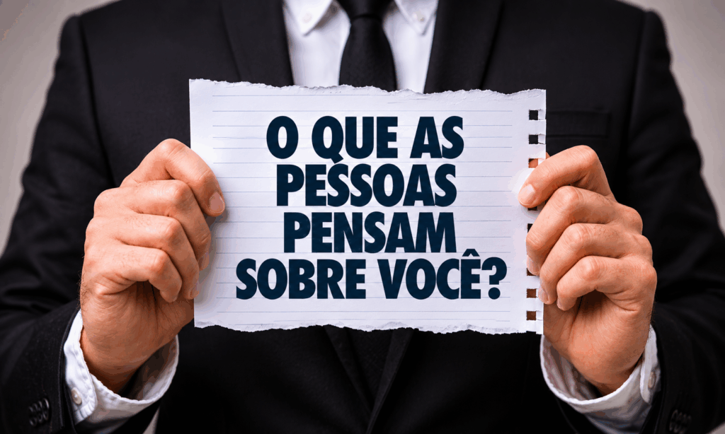 Profissional segurando papel com a frase “o que as pessoas pensam sobre você”, representando a importância do marketing pessoal e da imagem profissional.