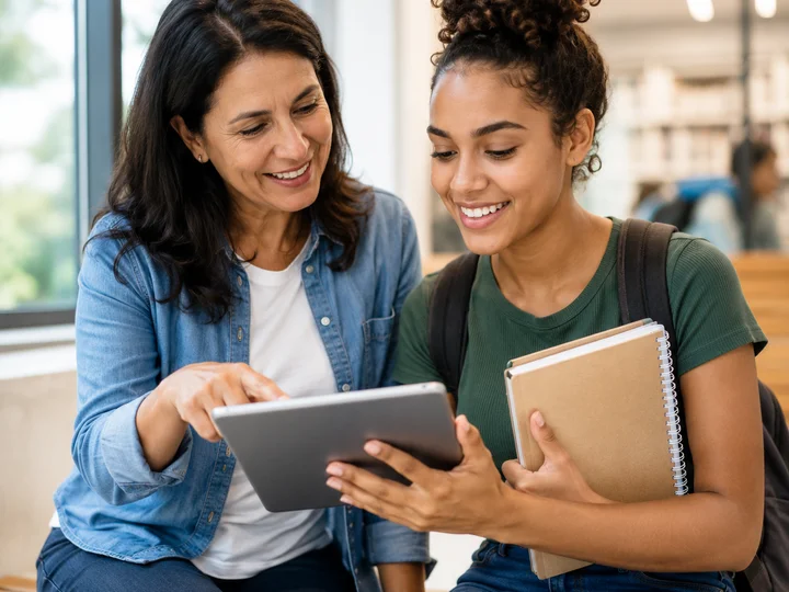 Tutora apoiando aluna em estudo conjunto, ambas sorrindo sobre tablet