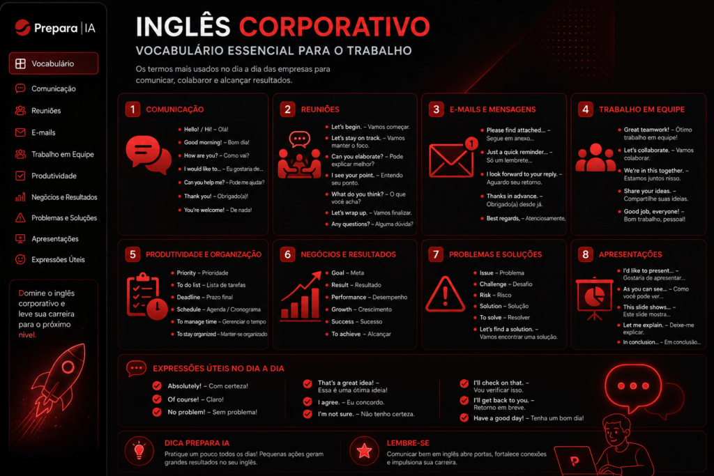 Guia completo de inglês para o trabalho com vocabulário corporativo, expressões profissionais e habilidades exigidas pelo mercado.