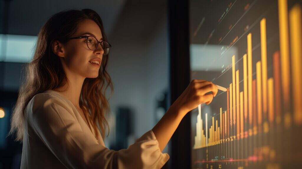 Pessoa analisando gráficos financeiros e indicadores de desempenho para melhorar a organização do dinheiro.