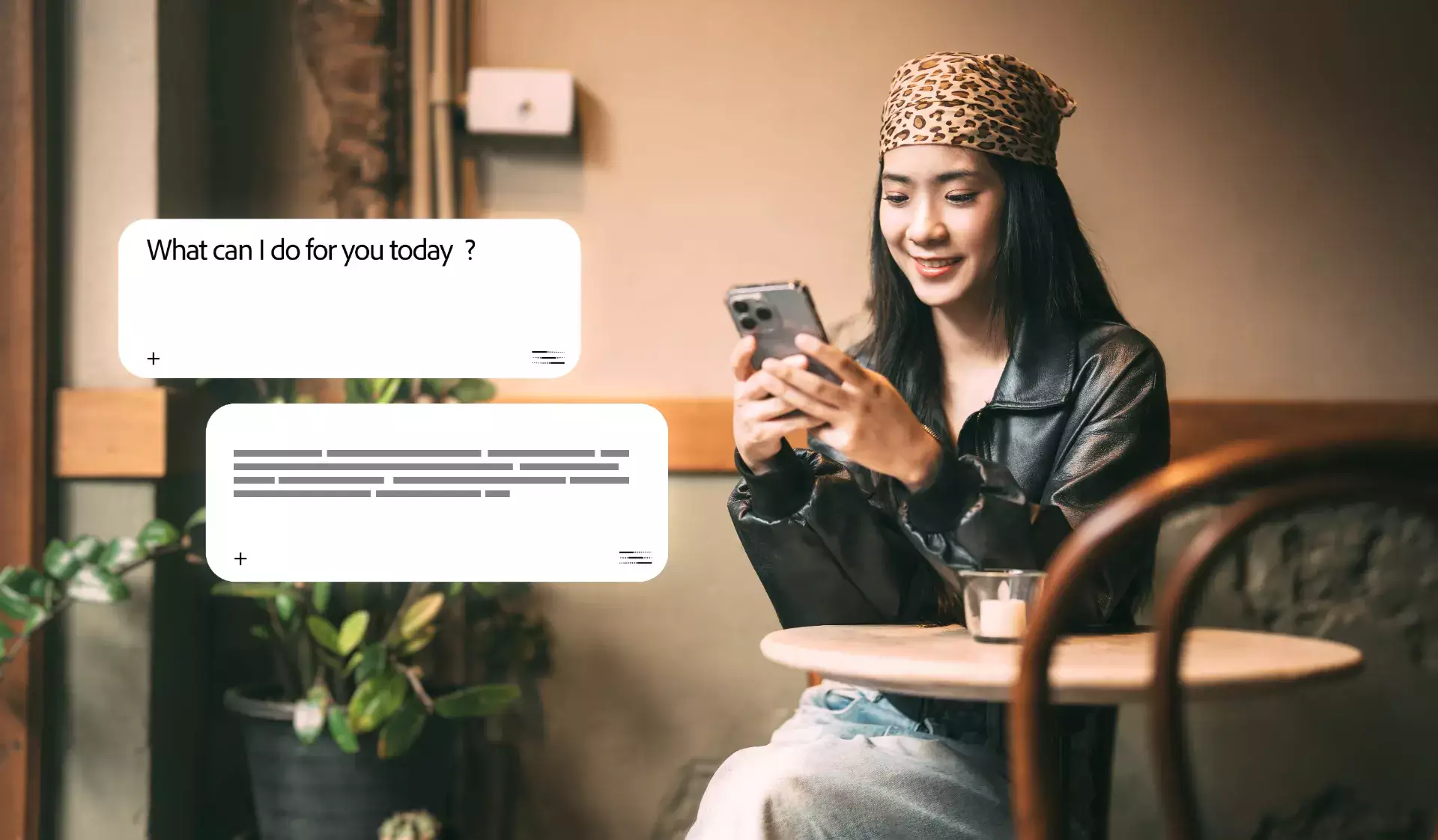 Mulher usando o celular em um café para conversar com um chatbot de IA, mostrando como a IA para iniciantes pode ser usada no dia a dia sem dificuldade.