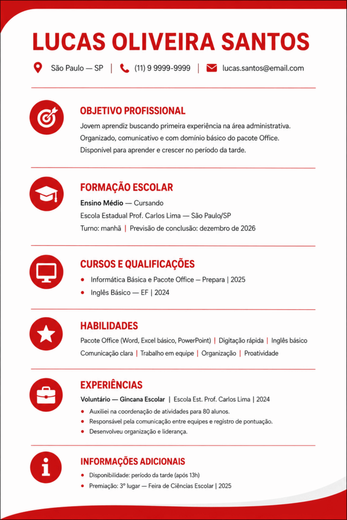 Modelo de currículo jovem aprendiz com objetivo profissional, formação escolar, cursos, habilidades, experiências e informações adicionais para primeiro emprego.