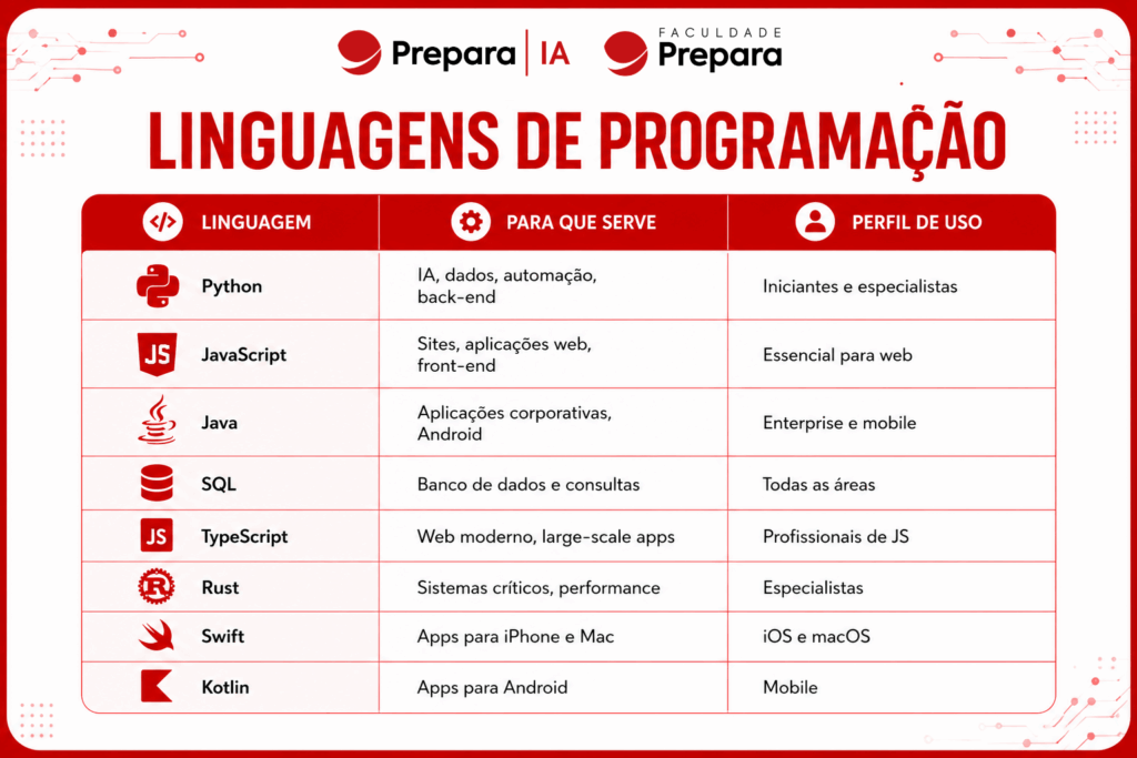 Tabela com as principais linguagens de programação, incluindo Python, JavaScript, Java, SQL, TypeScript, Rust, Swift e Kotlin, mostrando para que servem e o perfil de uso de cada uma. o que é programação