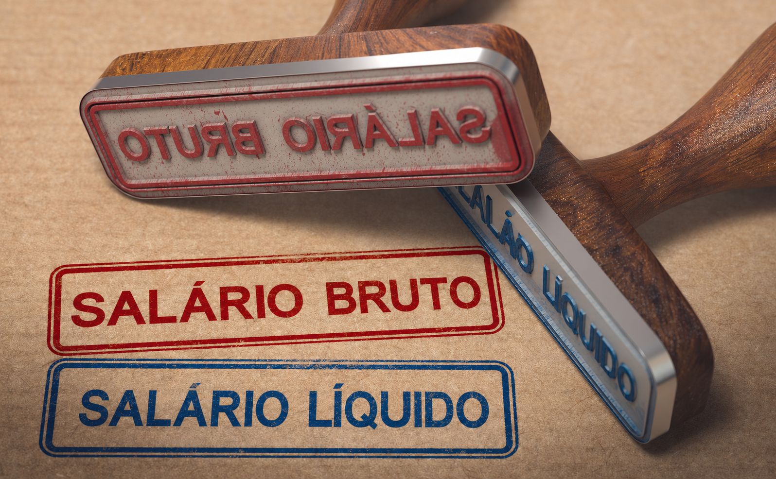 Carimbos com as expressões salário bruto e salário líquido ilustrando a diferença entre os dois conceitos utilizados no cálculo da remuneração do trabalhador.