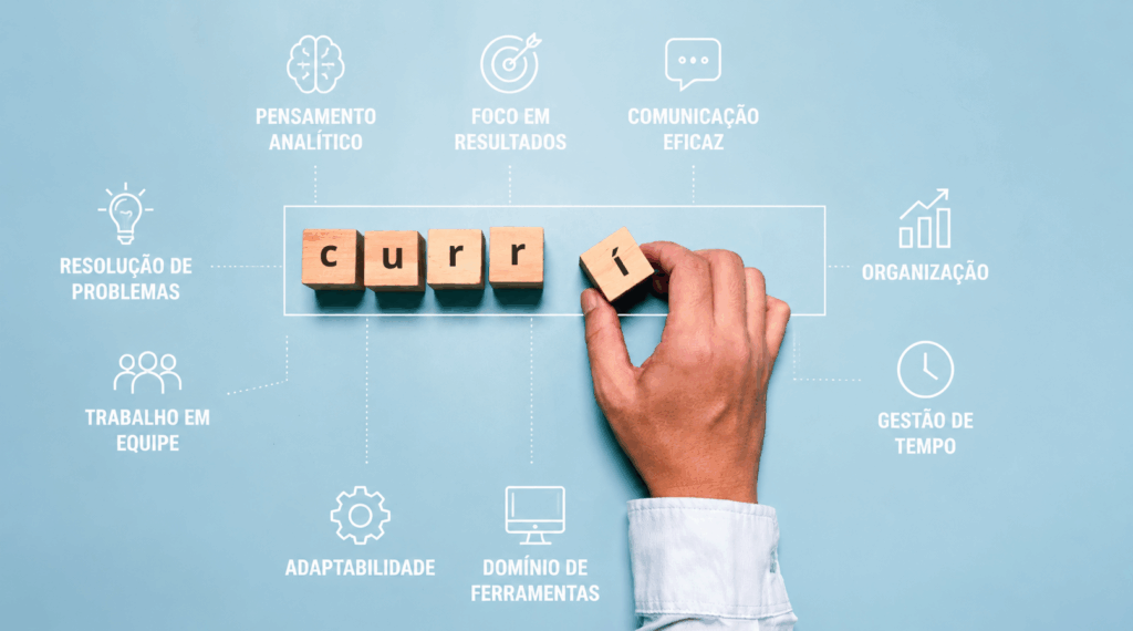 Ilustração mostrando as principais habilidades para colocar no currículo, como comunicação, organização, resolução de problemas, pensamento analítico, trabalho em equipe, foco em resultados e gestão do tempo.