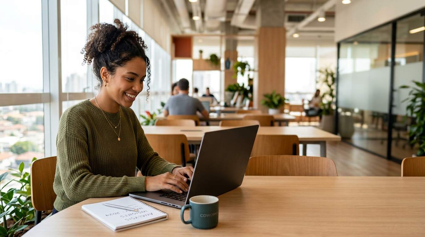 Jovem profissional sorridente analisando planilhas e dados em notebook durante curso de Excel com Power BI