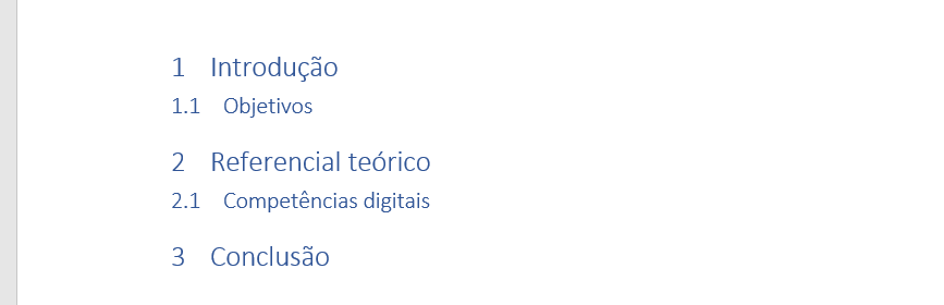 Documento do Word com os títulos numerados automaticamente: 1 Introdução, 1.1 Objetivos, 2 Referencial teórico, 2.1 Competências digitais e 3 Conclusão.