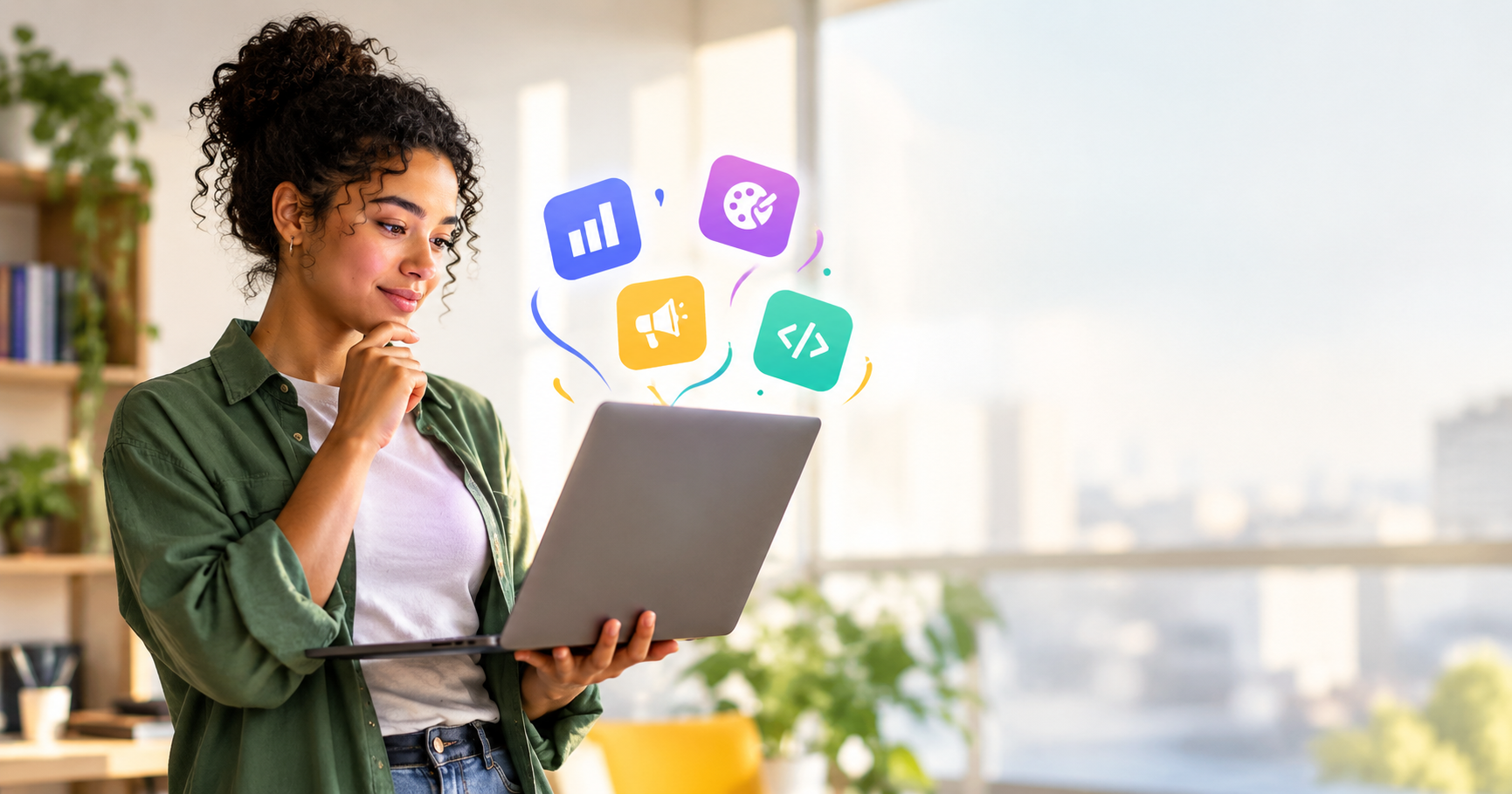 Jovem profissional avaliando áreas digitais para seguir carreira — dados, design, marketing e programação — representadas por ícones acima do notebook