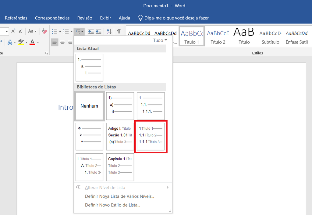 Menu Lista de Vários Níveis do Word aberto, com o modelo 1 Título 1, 1.1 Título 2, 1.1.1 Título 3 destacado na Biblioteca de Listas.