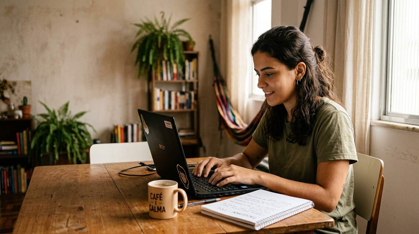 Jovem estudante sorrindo enquanto digita em um notebook sobre uma mesa de madeira em casa, com caderno de anotações e caneca de café ao lado.