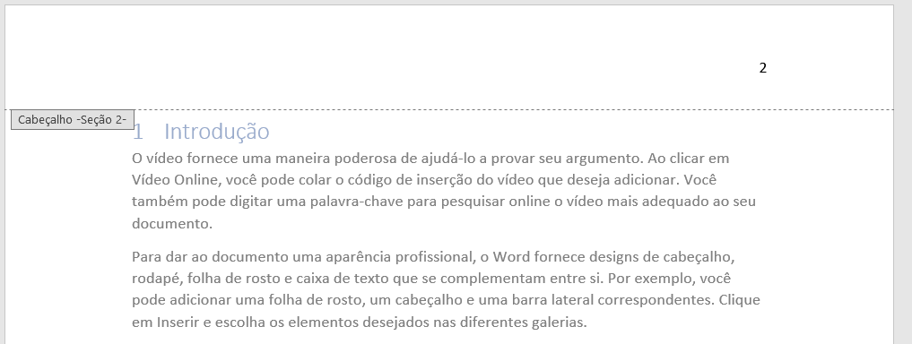 Cabeçalho da seção 2 do Word aberto, com o número de página 2 alinhado à direita, acima do título 1 Introdução.