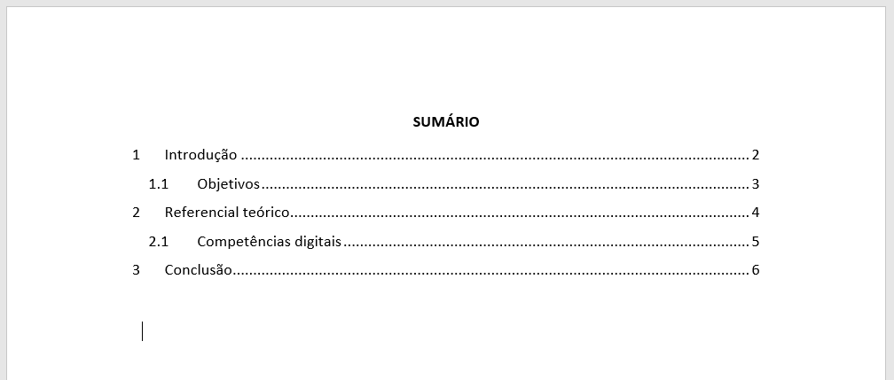 Sumário automático no Word com os itens 1 Introdução, 1.1 Objetivos, 2 Referencial teórico, 2.1 Competências digitais e 3 Conclusão, com pontilhado e números de página.