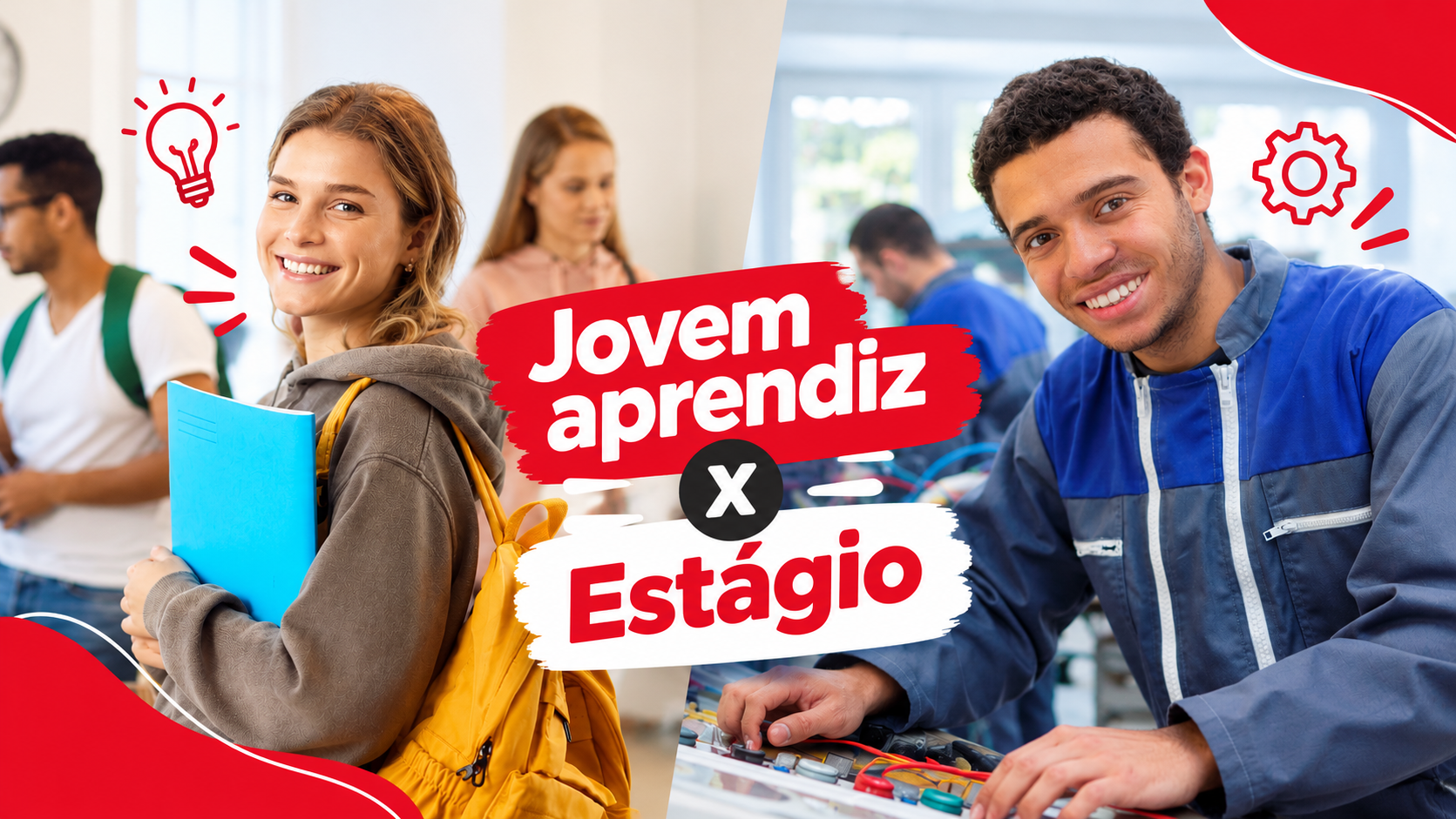 Jovem aprendiz em ambiente profissional e estudante com mochila, representando as oportunidades de primeiro emprego e desenvolvimento profissional para jovens.