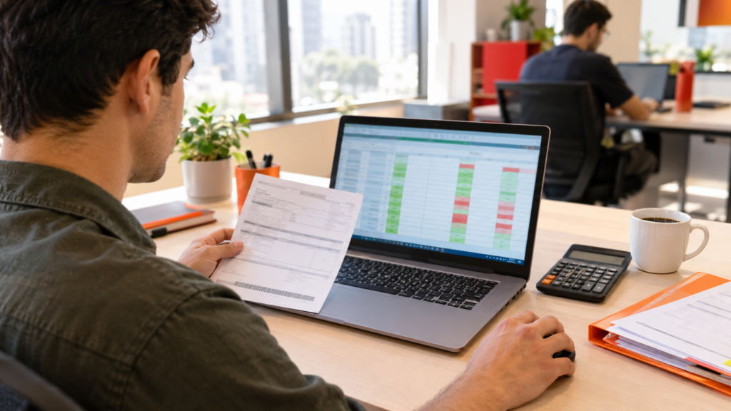 Assistente financeiro conferindo um boleto e a planilha de contas a pagar no notebook