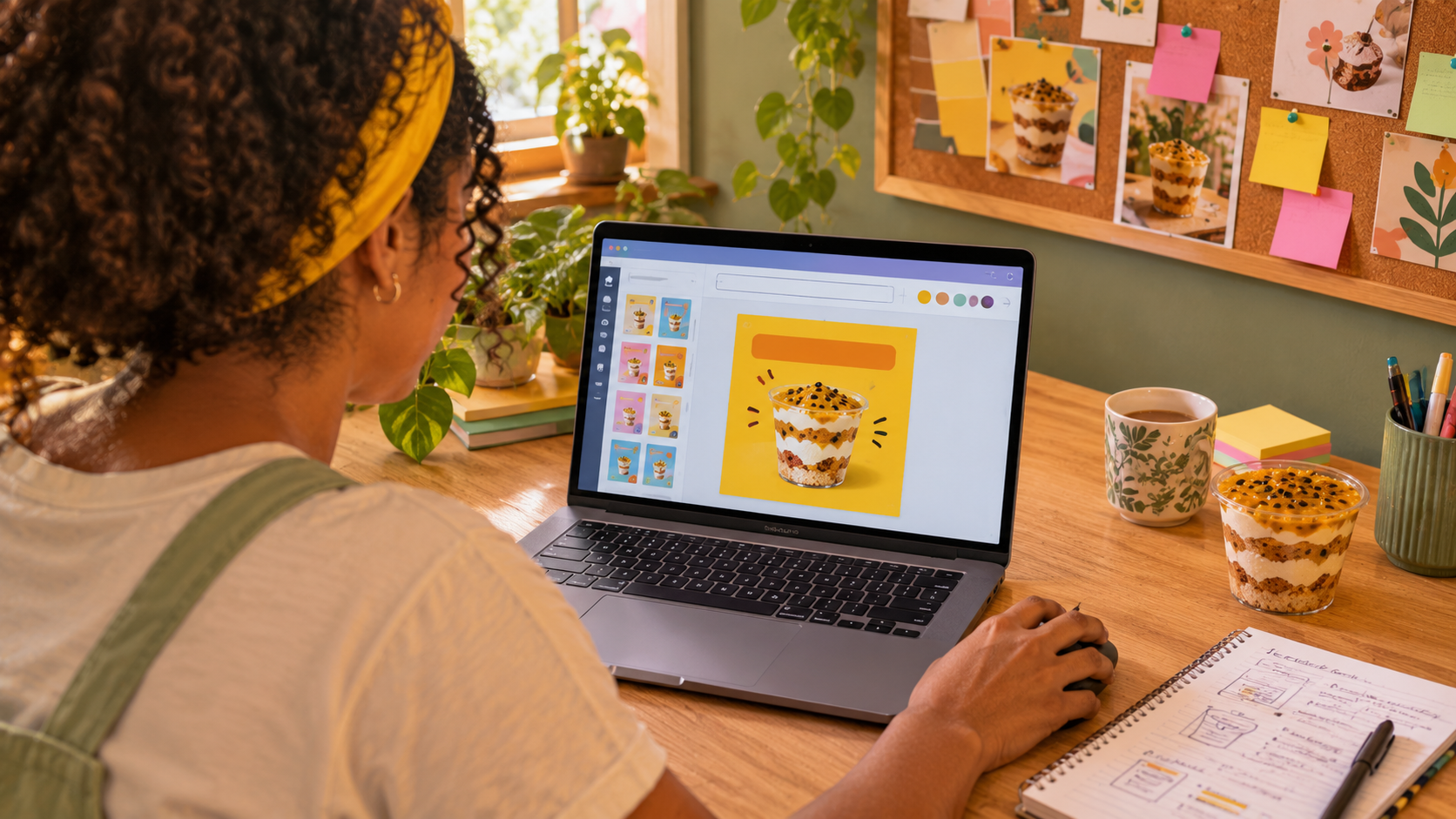 Canva com IA: jovem cria um post para Instagram no computador, com a ajuda da inteligência artificial