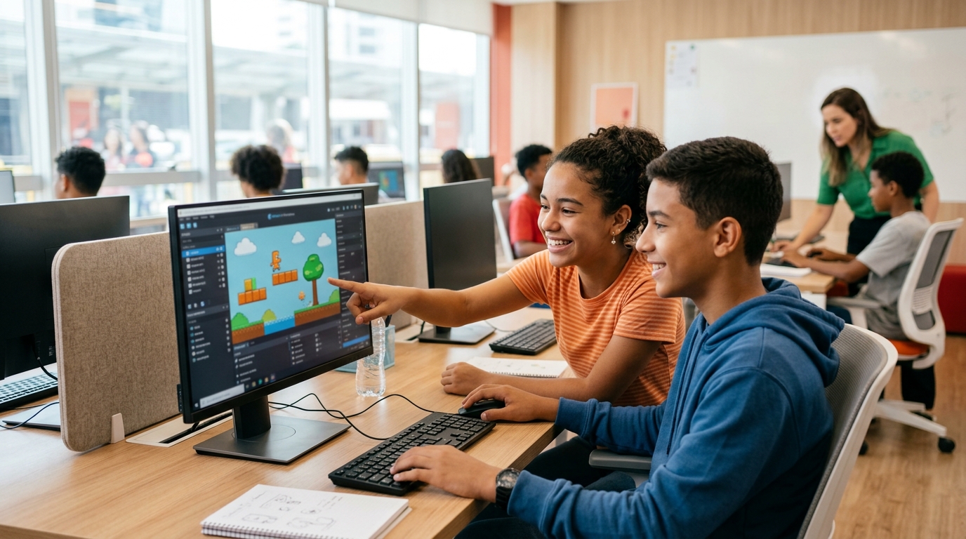 Adolescentes em um curso de desenvolvimento de jogos criando um jogo de plataforma 2D no computador