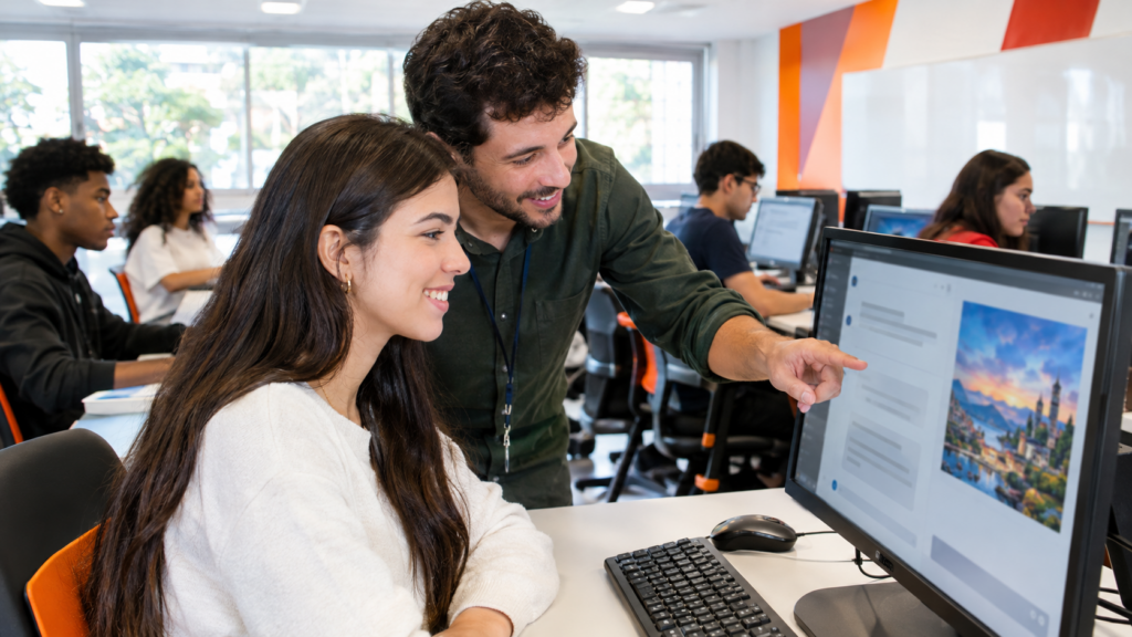Alunos em curso de inteligência artificial presencial praticando no laboratório com a orientação do professor