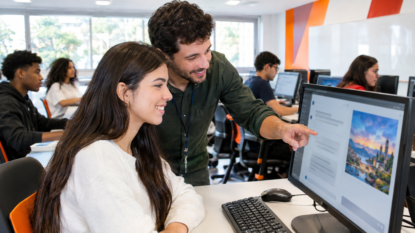 Alunos em curso de inteligência artificial presencial praticando no laboratório com a orientação do professor