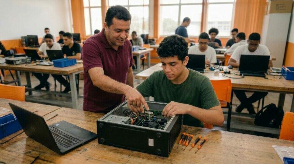 Aluno em curso de montagem e manutenção de PC, recebendo orientação do professor.