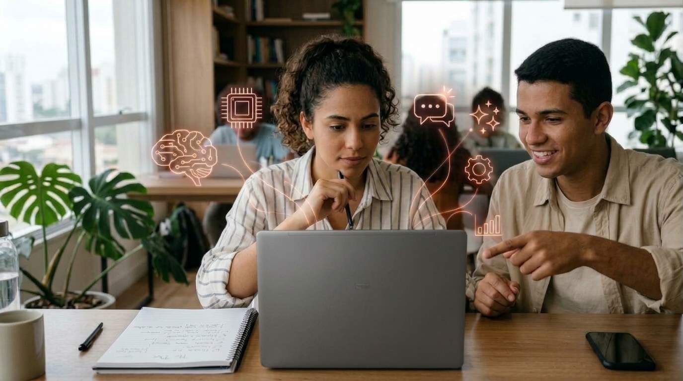 Jovens comparando cursos de IA no notebook, com ícones de inteligência artificial flutuando ao redor da tela