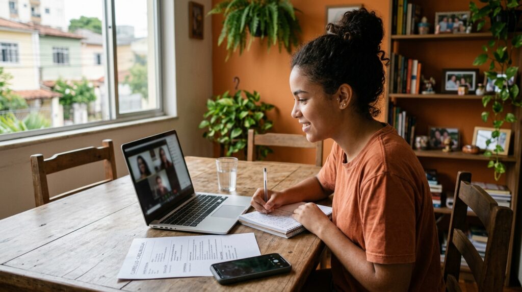 Jovem em busca de emprego sem experiência estudando online no notebook, com o currículo impresso ao lado.