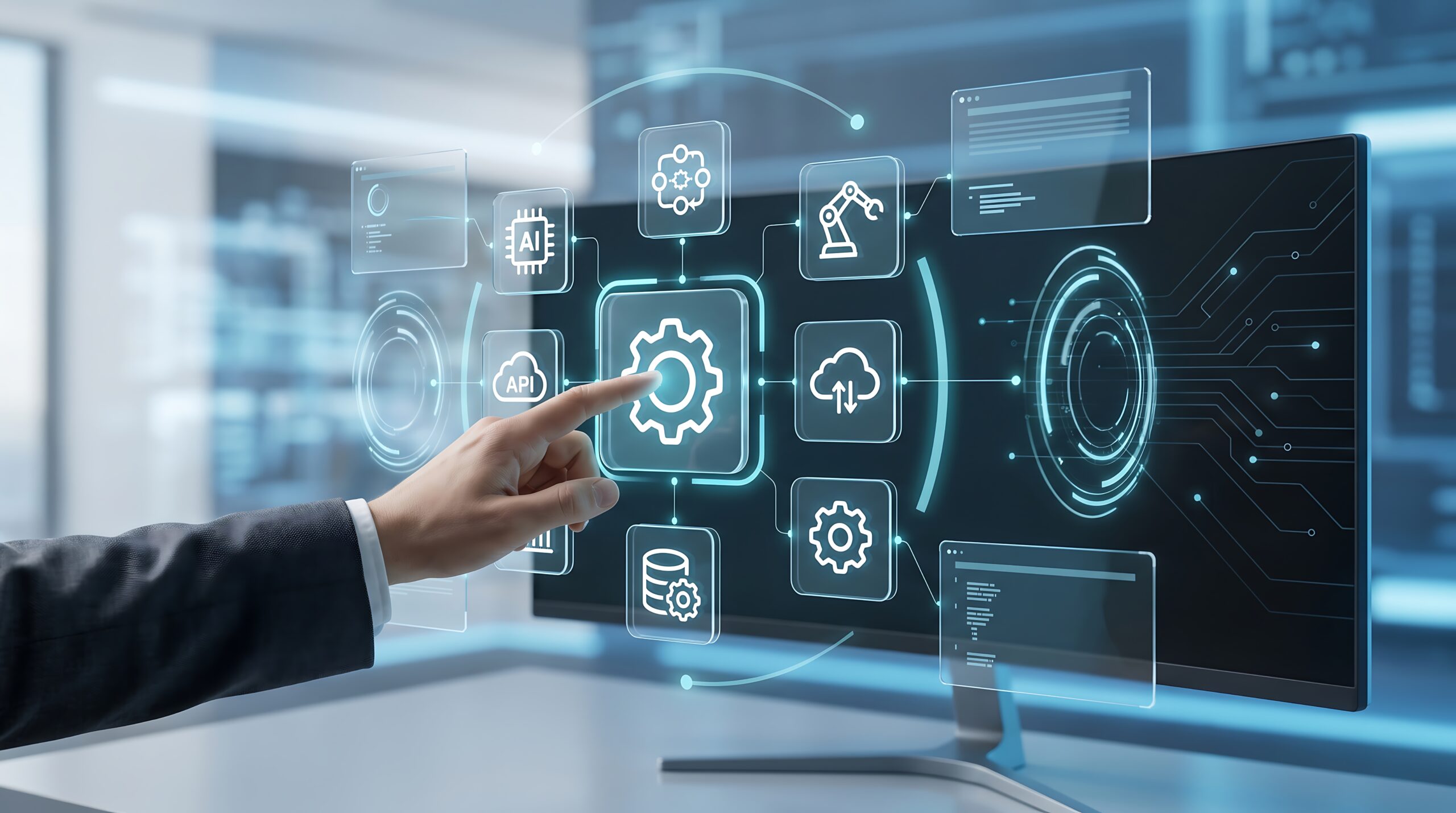 Mão tocando uma interface digital com ícones de ferramentas de IA, como engrenagem, nuvem, banco de dados e braço robótico, em frente a um monitor
